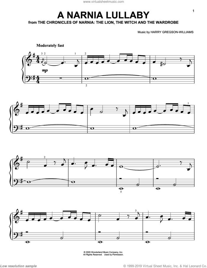 A Narnia Lullaby sheet music for piano solo by Harry Gregson-Williams and The Chronicles of Narnia: The Lion, The Witch And The Wardrobe , easy skill level