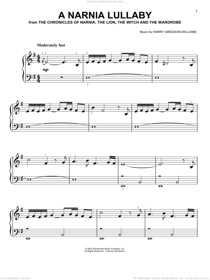 A Narnia Lullaby sheet music for piano solo by Harry Gregson-Williams and The Chronicles of Narnia: The Lion, The Witch And The Wardrobe , easy skill level