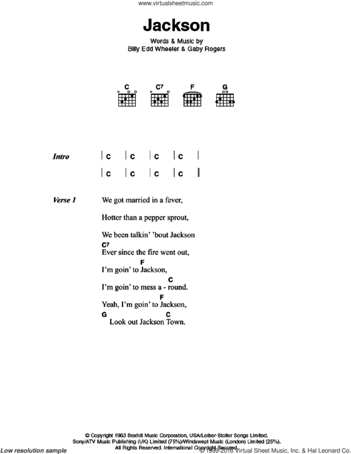 Jackson sheet music for guitar (chords) by Johnny Cash, June Carter, Billy Edd Wheeler and Jerry Leiber, intermediate skill level