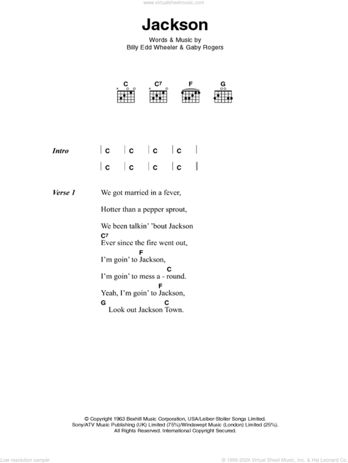 Jackson sheet music for guitar (chords) by Johnny Cash, June Carter, Billy Edd Wheeler and Jerry Leiber, intermediate skill level