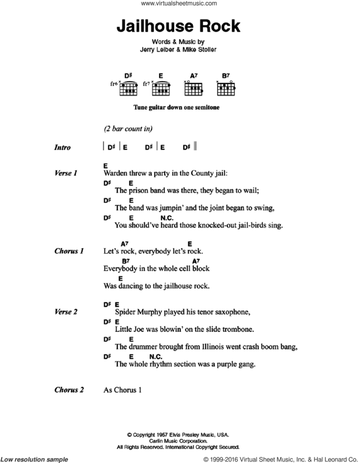 Jailhouse Rock sheet music for guitar (chords) by Elvis Presley, Jerry Leiber and Mike Stoller, intermediate skill level