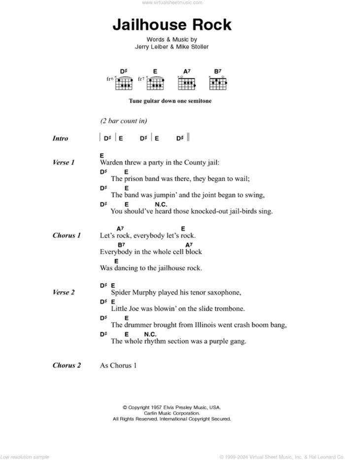 Jailhouse Rock sheet music for guitar (chords) by Elvis Presley, Jerry Leiber and Mike Stoller, intermediate skill level