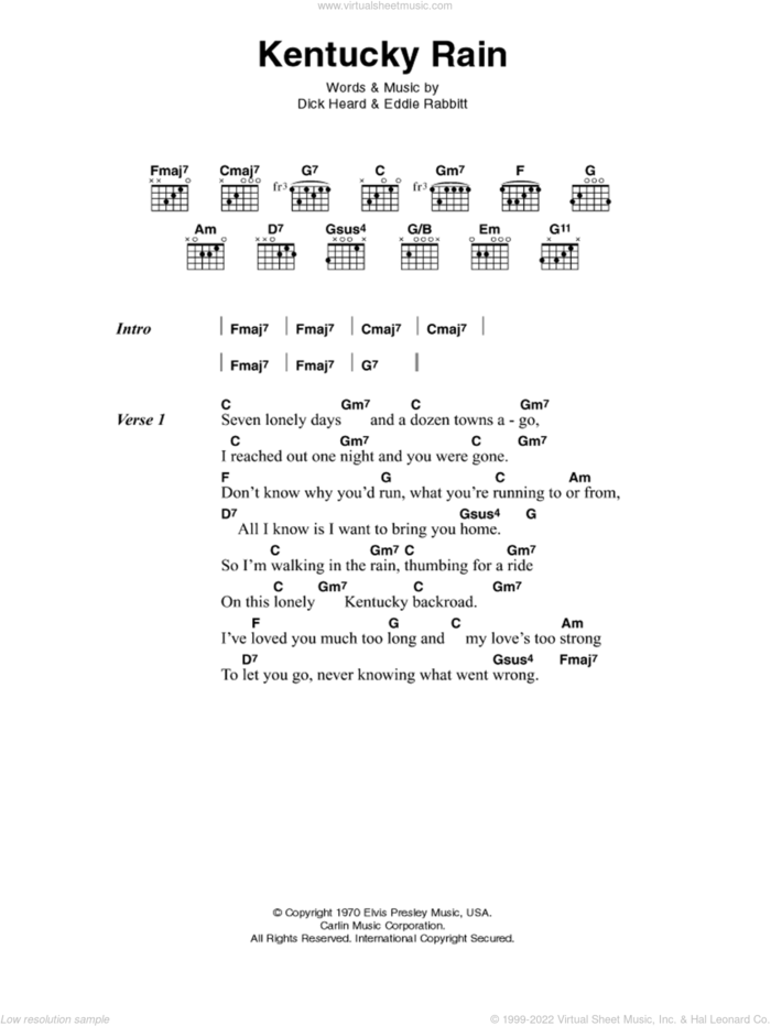 Kentucky Rain sheet music for guitar (chords) by Elvis Presley, Dick Heard and Eddie Rabbitt, intermediate skill level