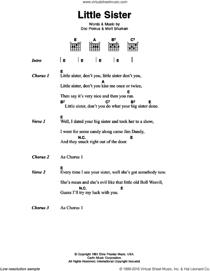 Little Sister sheet music for guitar (chords) by Elvis Presley, Doc Pomus and Mort Shuman, intermediate skill level