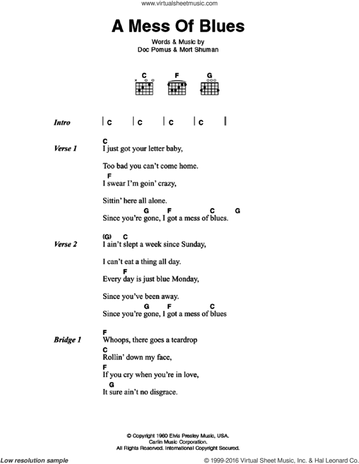 A Mess Of Blues sheet music for guitar (chords) by Elvis Presley, Doc Pomus and Mort Shuman, intermediate skill level
