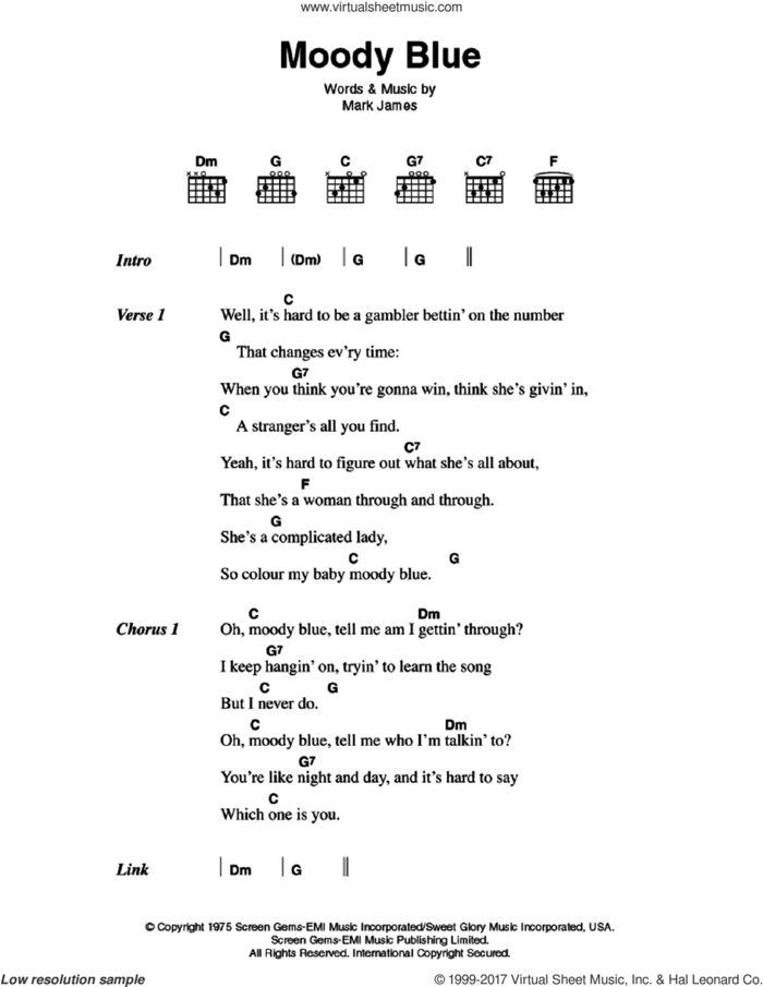 Moody Blue sheet music for guitar (chords) by Elvis Presley and Mark James, intermediate skill level