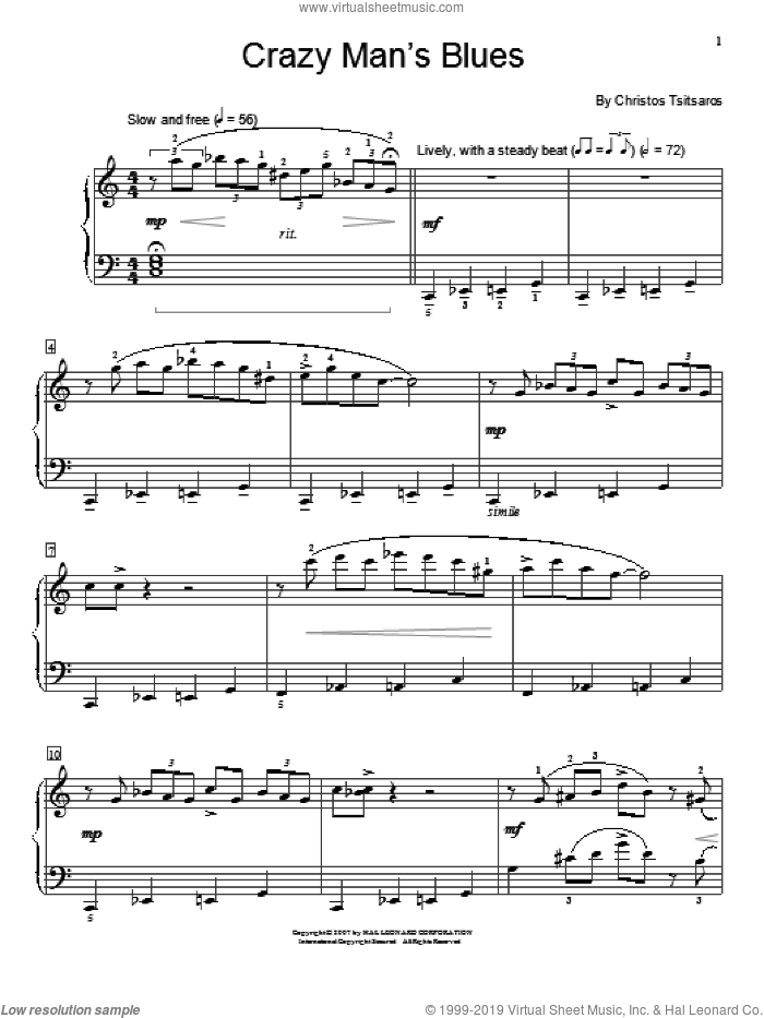 Crazy Man's Blues sheet music for piano solo (elementary) by Christos Tsitsaros and Miscellaneous, beginner piano (elementary)