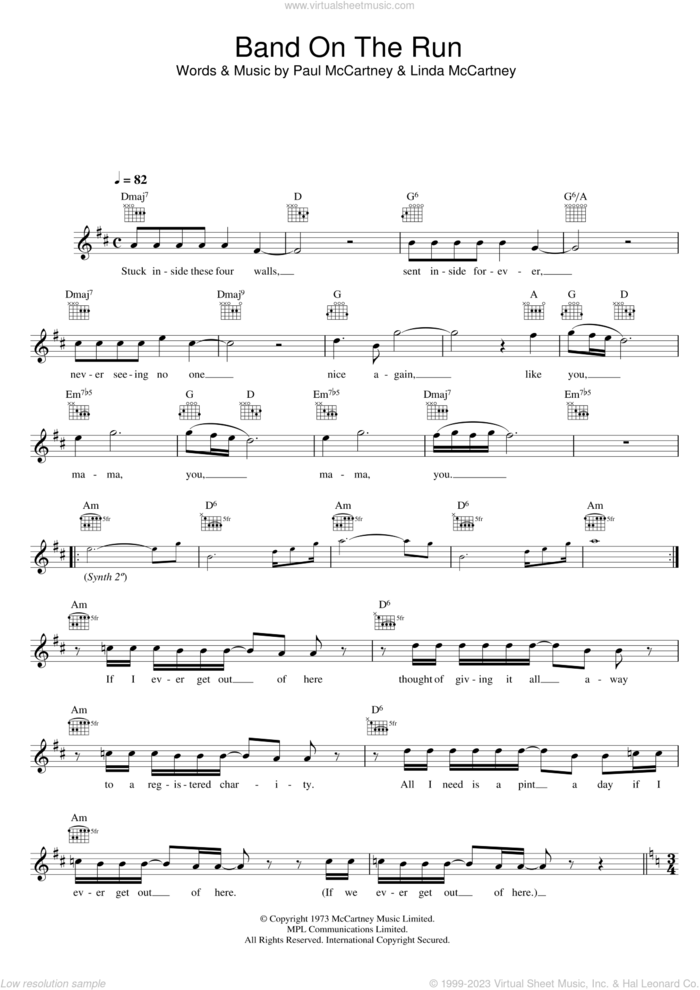Band On The Run sheet music for voice and other instruments (fake book) by Wings, Linda McCartney and Paul McCartney, intermediate skill level