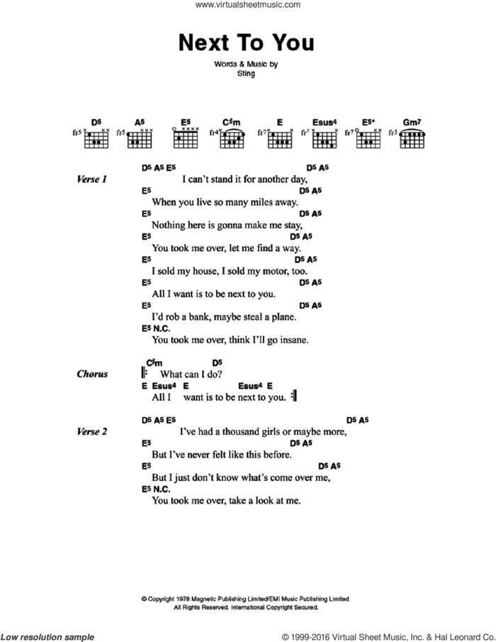Next To You sheet music for guitar (chords) by The Police and Sting, intermediate skill level