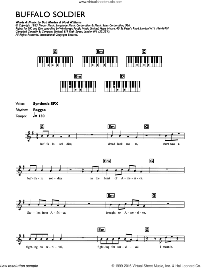 Buffalo Soldier sheet music for piano solo (chords, lyrics, melody) by Bob Marley and Noel Williams, intermediate piano (chords, lyrics, melody)