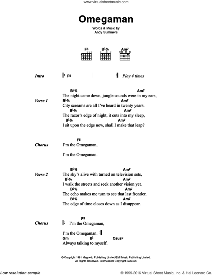 Omegaman sheet music for guitar (chords) by The Police and Andy Summers, intermediate skill level