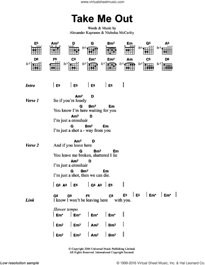 Take Me Out sheet music for guitar (chords) by Franz Ferdinand, Alex Kapranos and Nicholas McCarthy, intermediate skill level