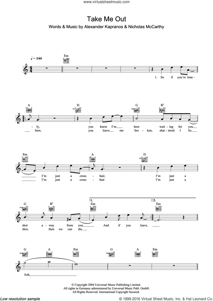 Take Me Out sheet music for voice and other instruments (fake book) by Franz Ferdinand, Alex Kapranos and Nicholas McCarthy, intermediate skill level
