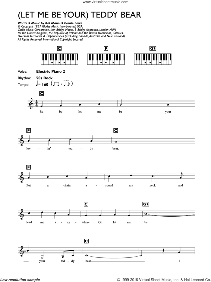 (Let Me Be Your) Teddy Bear sheet music for piano solo (chords, lyrics, melody) by Elvis Presley, Bernie Lowe and Kal Mann, intermediate piano (chords, lyrics, melody)