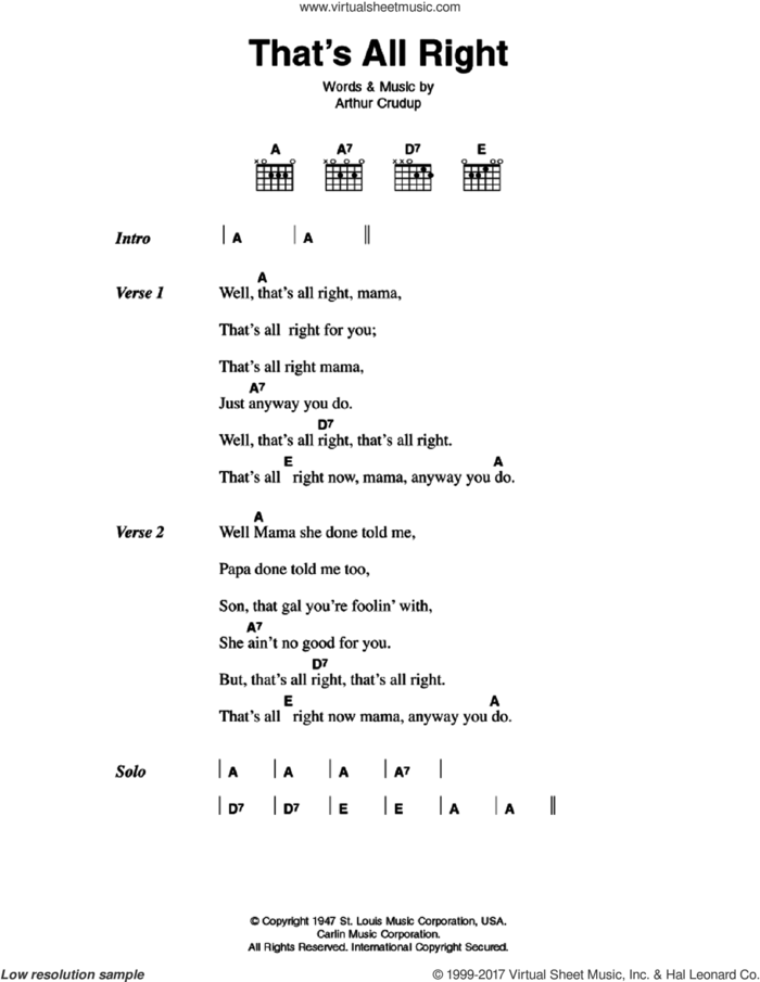 That's All Right sheet music for guitar (chords) by Elvis Presley and Arthur Crudup, intermediate skill level