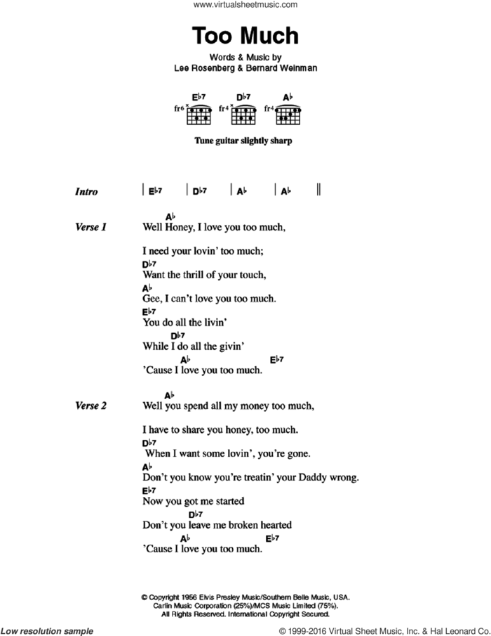 Too Much sheet music for guitar (chords) by Elvis Presley, Bernard Weinman and Lee Rosenberg, intermediate skill level
