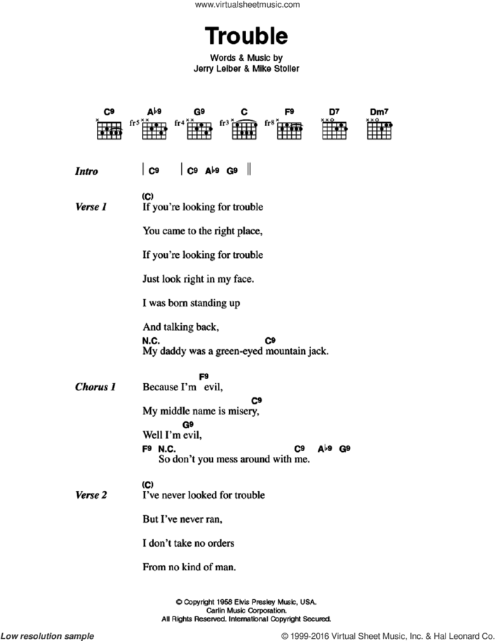 Trouble sheet music for guitar (chords) by Elvis Presley, Jerry Leiber and Mike Stoller, intermediate skill level