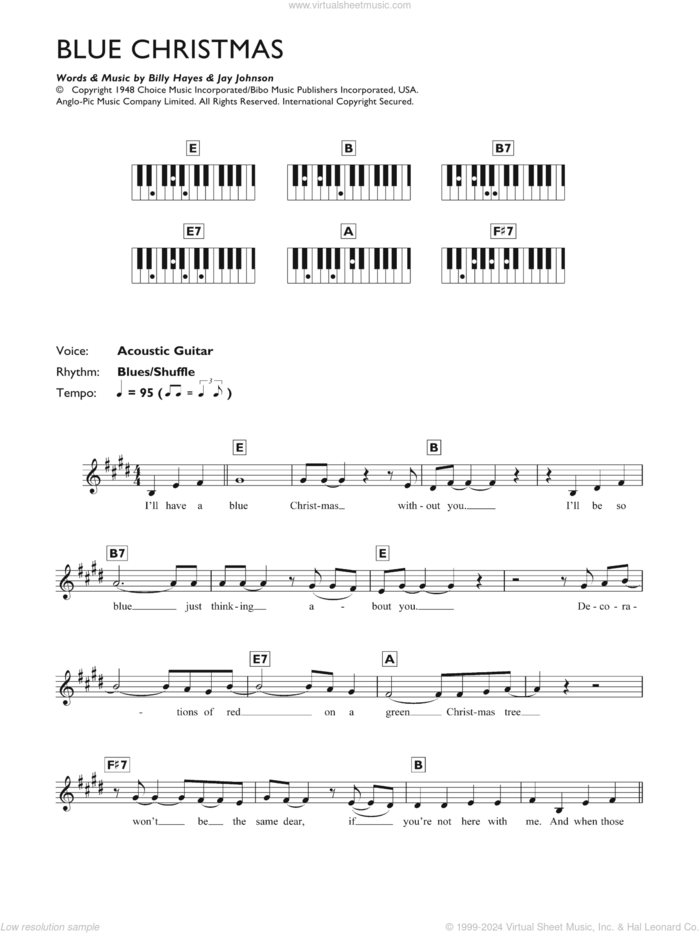 Blue Christmas sheet music for piano solo (chords, lyrics, melody) by Elvis Presley, Billy Hayes and Jay Johnson, intermediate piano (chords, lyrics, melody)