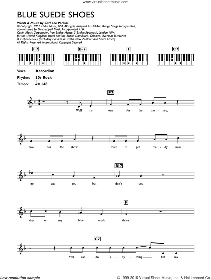Blue Suede Shoes sheet music for piano solo (chords, lyrics, melody) by Elvis Presley and Carl Perkins, intermediate piano (chords, lyrics, melody)