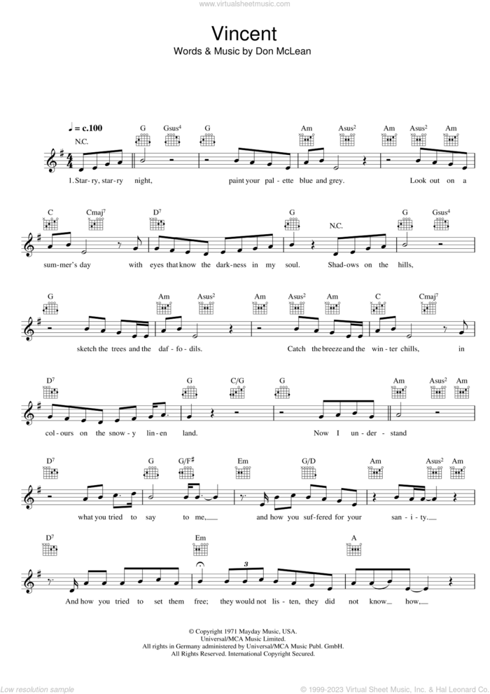 Vincent (Starry Starry Night) sheet music for voice and other instruments (fake book) by Don McLean, intermediate skill level
