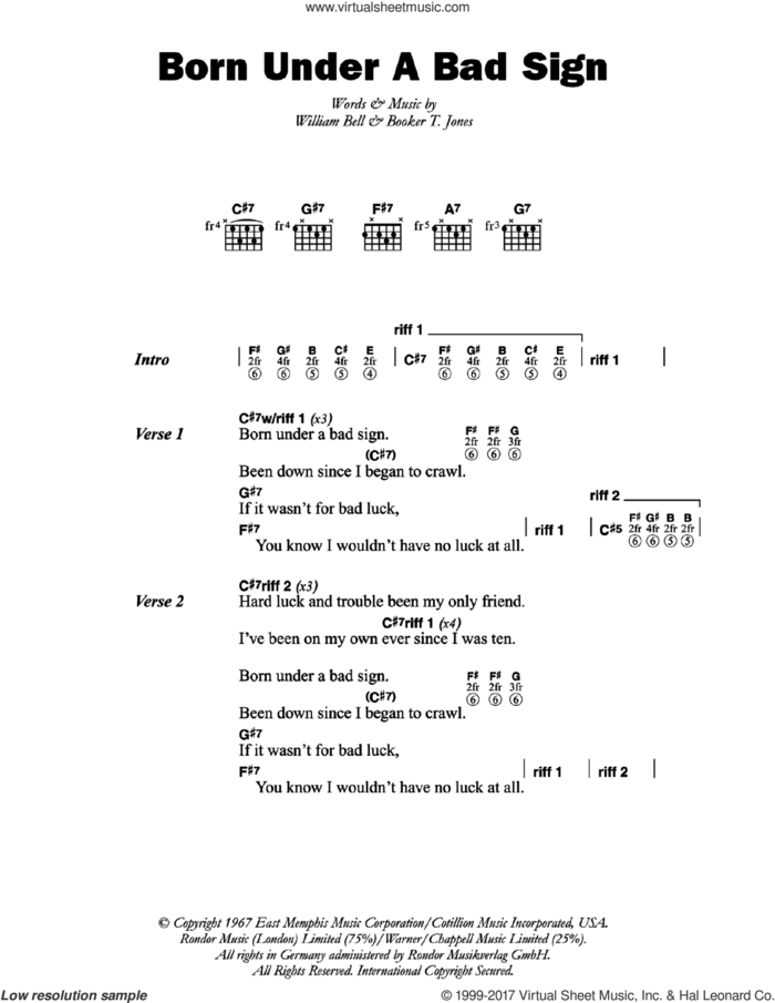 Born Under A Bad Sign sheet music for guitar (chords) by Albert King, Booker T. Jones and William Bell, intermediate skill level