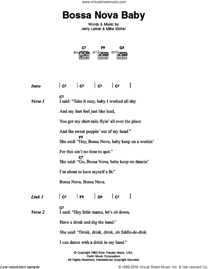 Bossa Nova Baby sheet music for guitar (chords) by Elvis Presley, Jerry Leiber and Mike Stoller, intermediate skill level