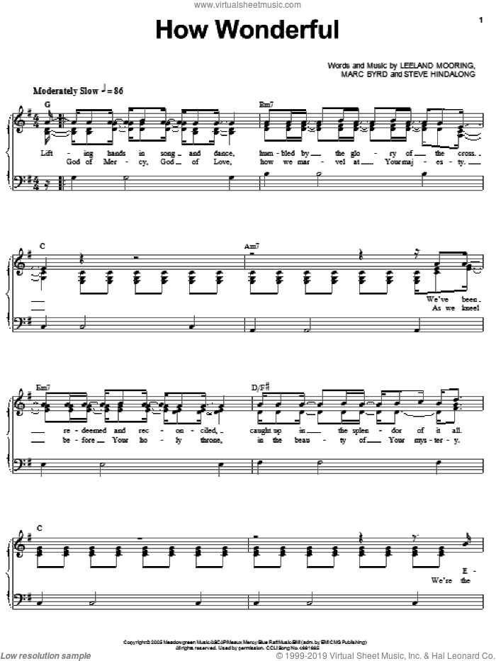 How Wonderful sheet music for voice, piano or guitar by Leeland, Leeland Mooring, Marc Byrd and Steve Hindalong, intermediate skill level