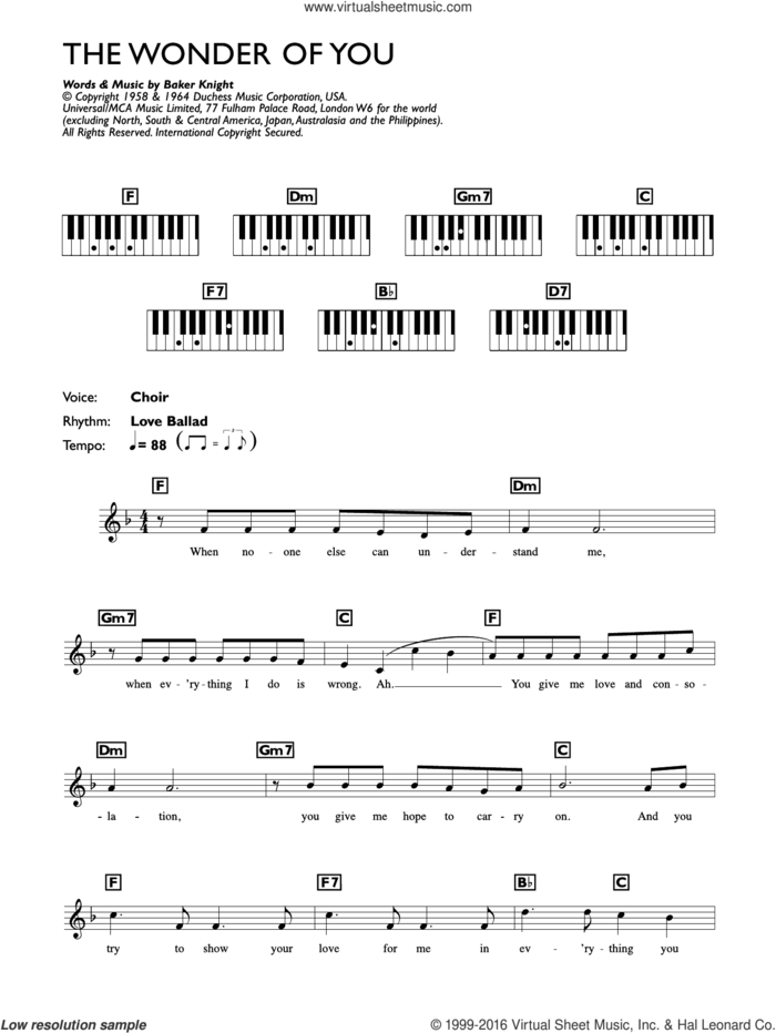 The Wonder Of You sheet music for piano solo (chords, lyrics, melody) by Elvis Presley and Baker Knight, intermediate piano (chords, lyrics, melody)
