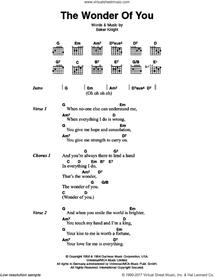 The Wonder Of You sheet music for guitar (chords) by Elvis Presley and Baker Knight, intermediate skill level