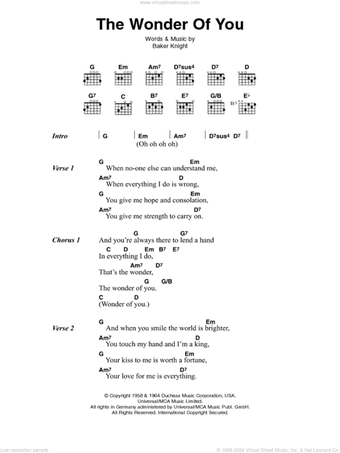 The Wonder Of You sheet music for guitar (chords) by Elvis Presley and Baker Knight, intermediate skill level