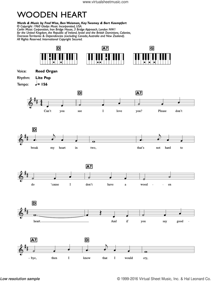 Wooden Heart sheet music for piano solo (chords, lyrics, melody) by Elvis Presley, Ben Weisman, Bert Kaempfert, Fred Wise and Kay Twomey, intermediate piano (chords, lyrics, melody)