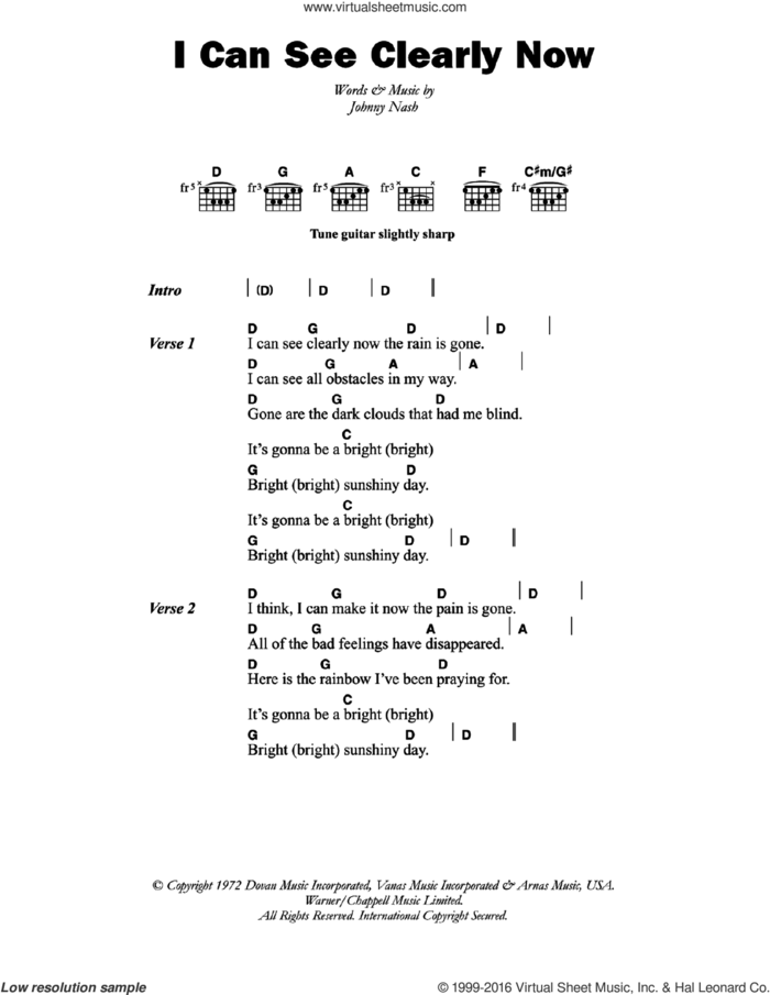 I Can See Clearly Now sheet music for guitar (chords) by Johnny Nash, intermediate skill level