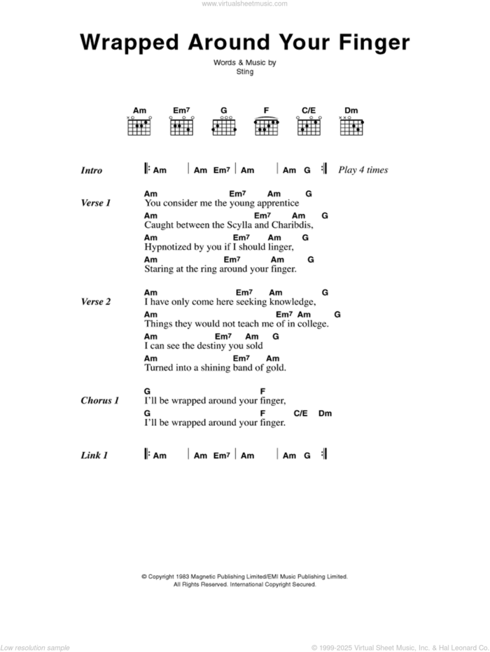 Wrapped Around Your Finger sheet music for guitar (chords) by The Police and Sting, intermediate skill level