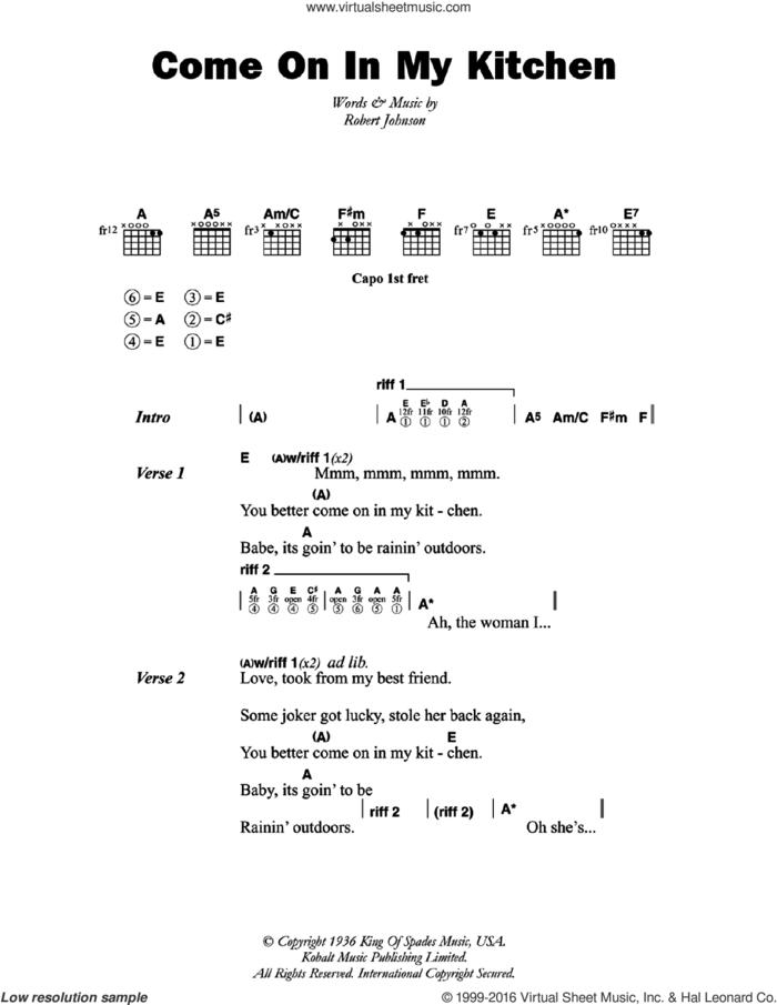 Come On In My Kitchen sheet music for guitar (chords) by Robert Johnson, intermediate skill level