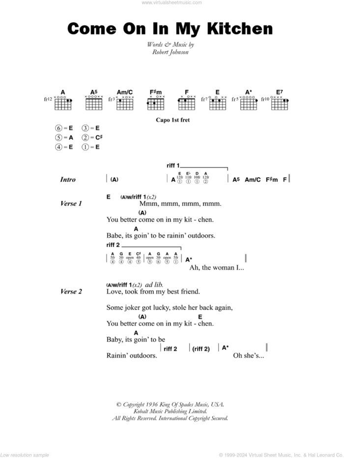 Come On In My Kitchen sheet music for guitar (chords) by Robert Johnson, intermediate skill level