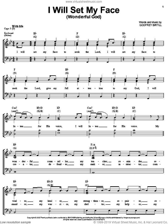 Wonderful God I Will Set My Face sheet music for voice, piano or guitar by Godfrey Birtill, intermediate skill level