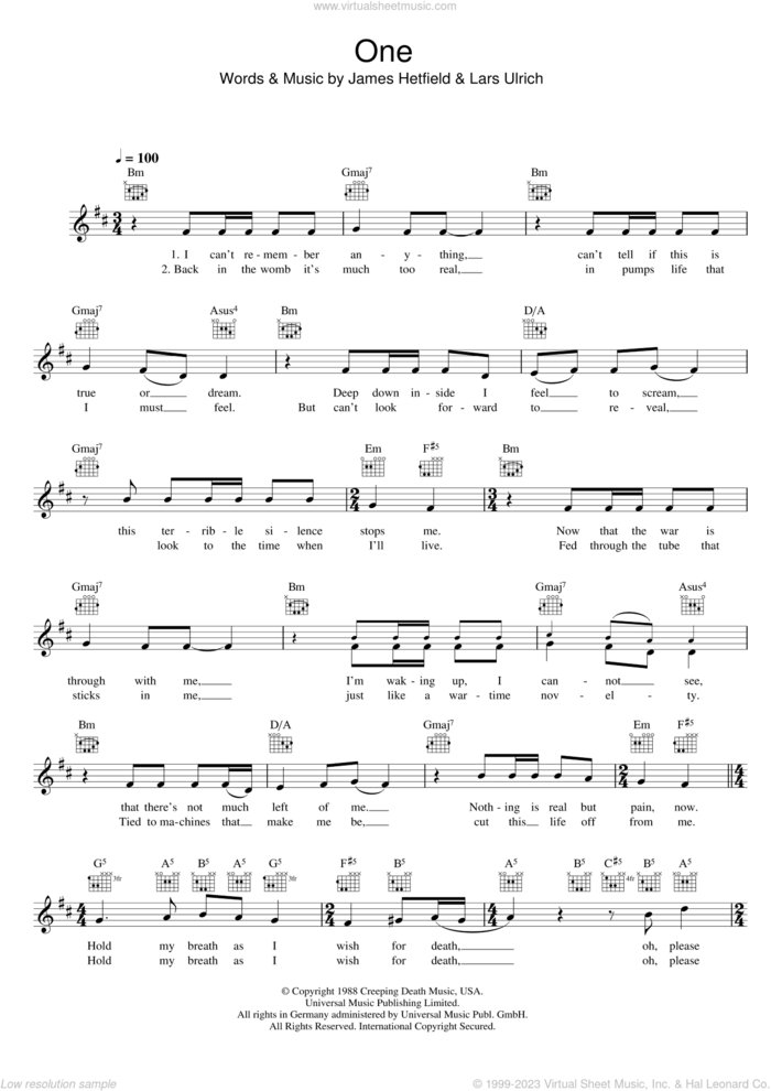 One sheet music for voice and other instruments (fake book) by Metallica, James Hetfield and Lars Ulrich, intermediate skill level