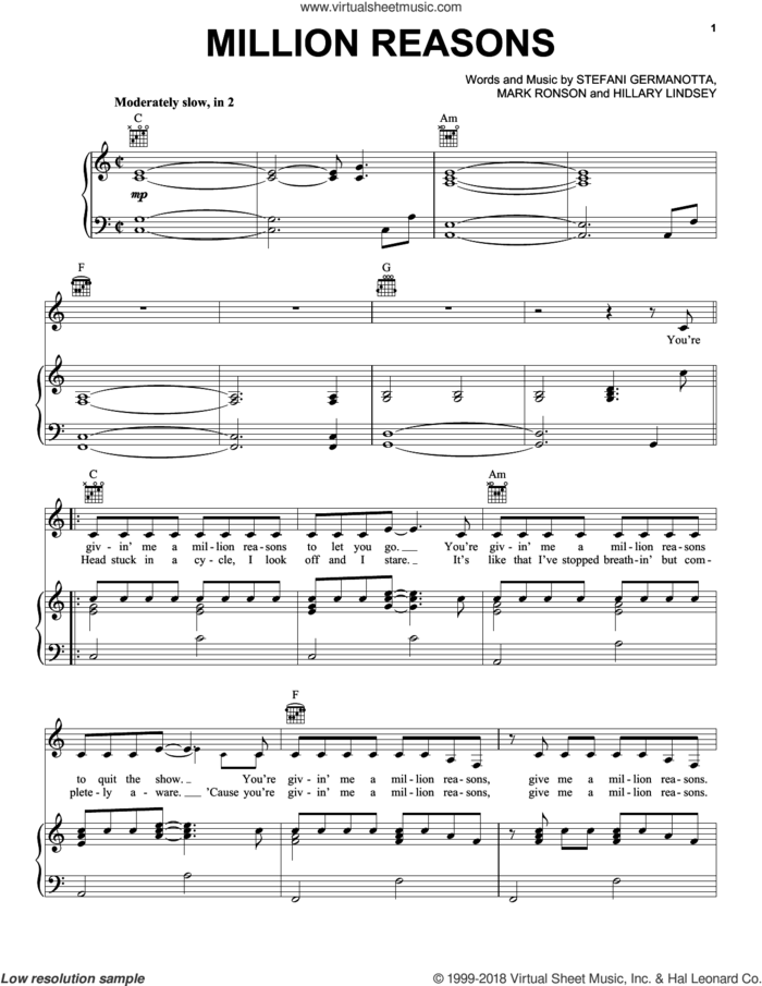 Million Reasons sheet music for voice, piano or guitar by Lady Gaga, Hillary Lindsey and Mark Ronson, intermediate skill level