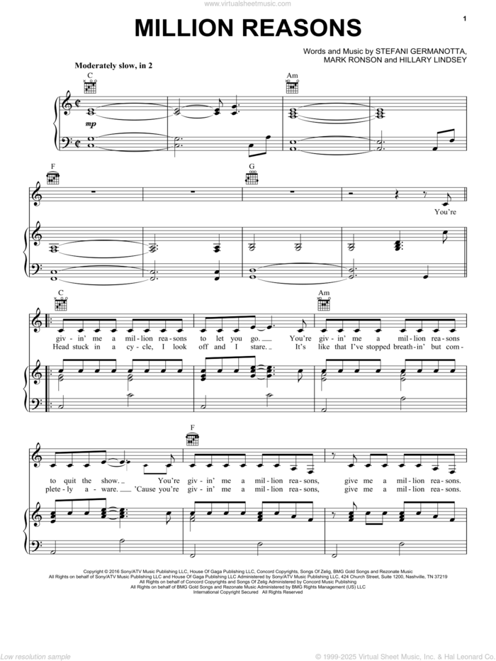 Million Reasons sheet music for voice, piano or guitar by Lady Gaga, Hillary Lindsey and Mark Ronson, intermediate skill level