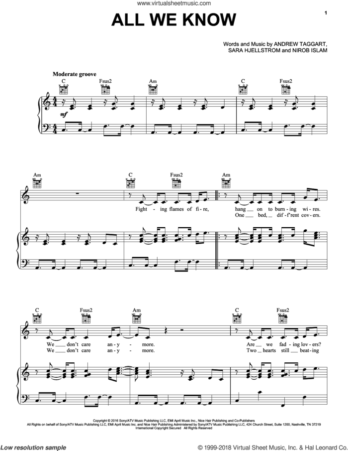 All We Know sheet music for voice, piano or guitar by The Chainsmokers, Andrew Taggart and Phoebe Ryan, intermediate skill level
