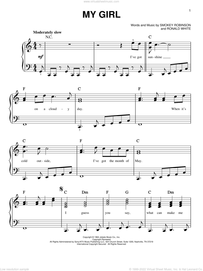 My Girl sheet music for piano solo by The Temptations and Ronald White, beginner skill level