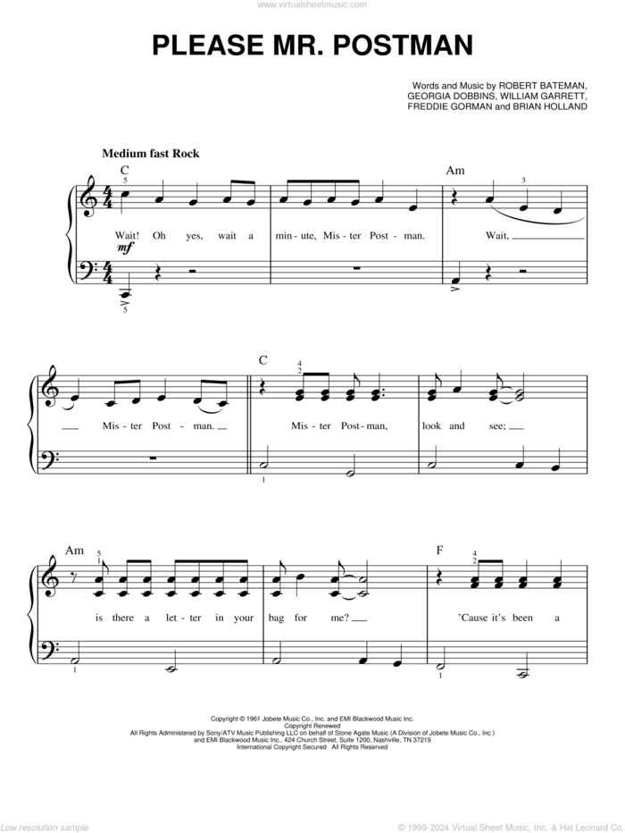 Please Mr. Postman sheet music for piano solo by The Marvelettes, Carpenters, The Beatles, Brian Holland, Freddie Gorman, Georgia Dobbins, Robert Bateman and William Garrett, easy skill level