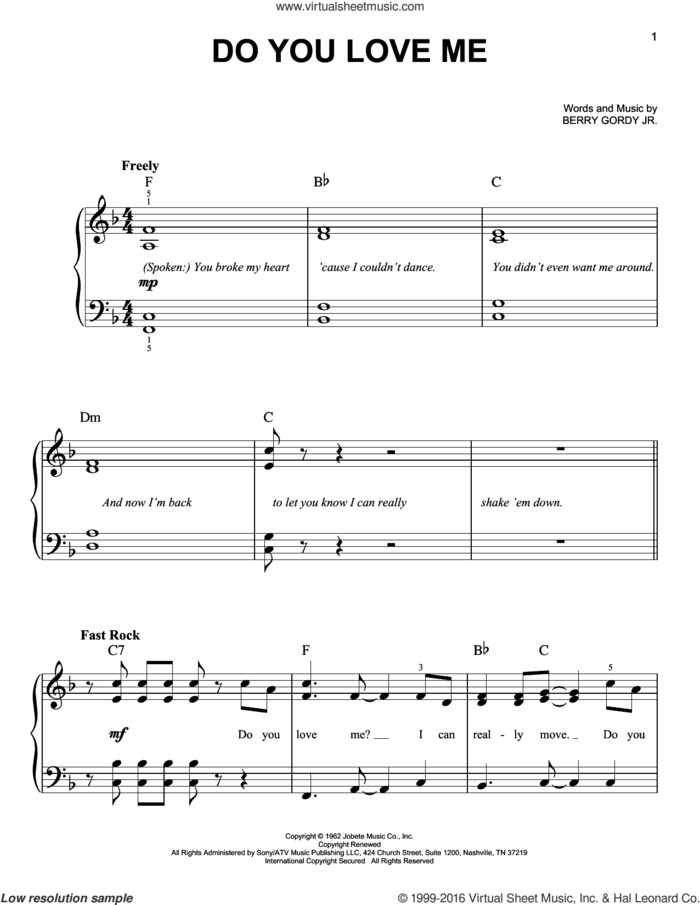 Do You Love Me sheet music for piano solo by The Dave Clark Five, The Contours and Berry Gordy Jr., easy skill level