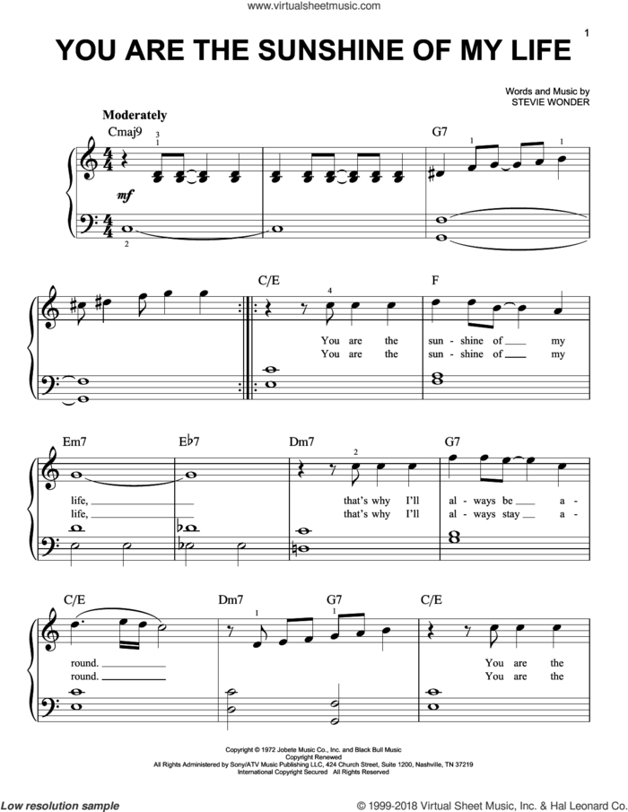 You Are The Sunshine Of My Life, (easy) sheet music for piano solo by Stevie Wonder, easy skill level