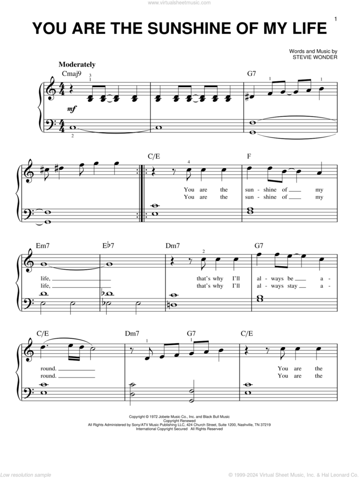 You Are The Sunshine Of My Life, (easy) sheet music for piano solo by Stevie Wonder, easy skill level