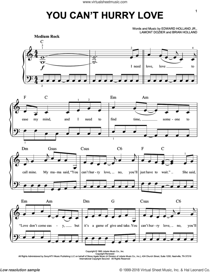 You Can't Hurry Love sheet music for piano solo by The Supremes, Phil Collins, Brian Holland, Edward Holland Jr. and Lamont Dozier, beginner skill level