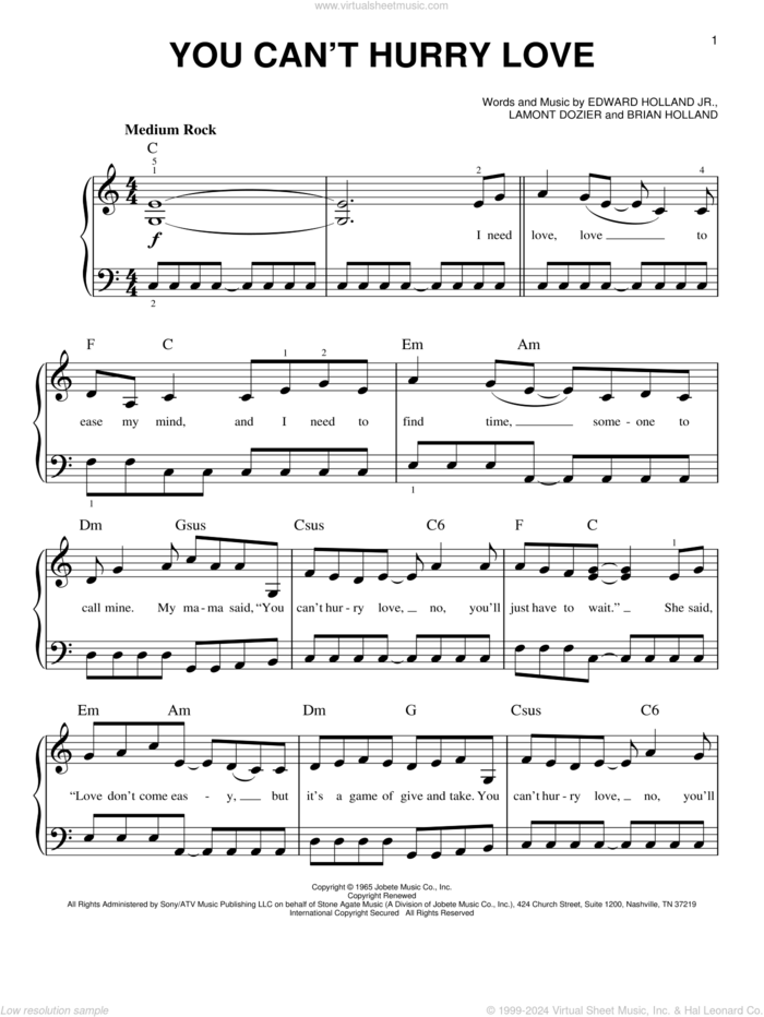 You Can't Hurry Love sheet music for piano solo by The Supremes, Phil Collins, Brian Holland, Edward Holland Jr. and Lamont Dozier, beginner skill level