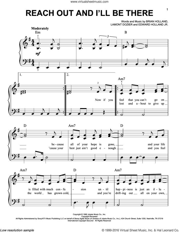 Reach Out And I'll Be There sheet music for piano solo by The Four Tops, Michael McDonald, Brian Holland, Edward Holland Jr. and Lamont Dozier, easy skill level