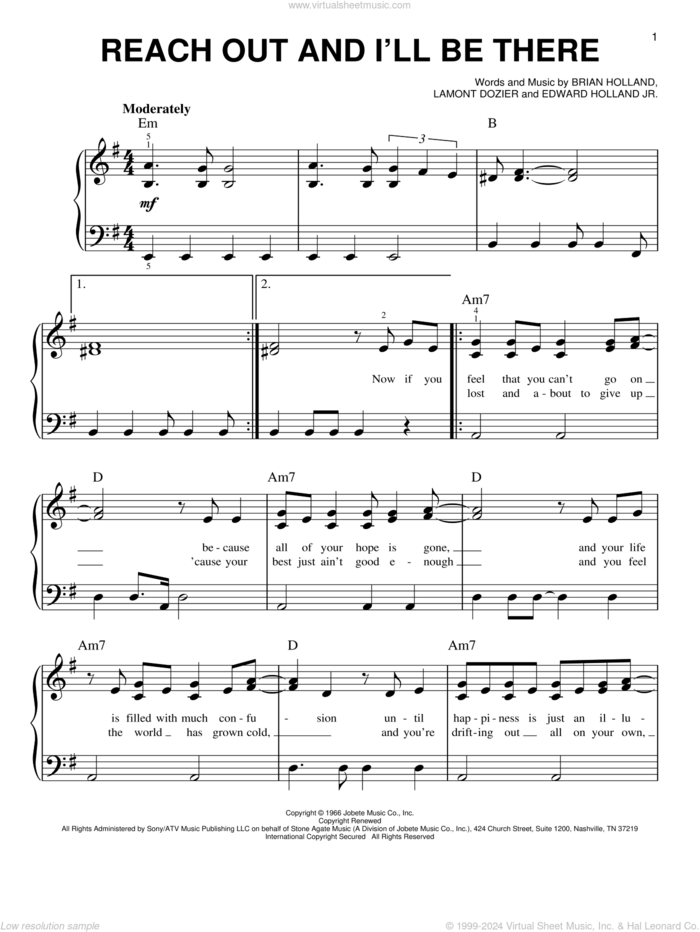 Reach Out And I'll Be There sheet music for piano solo by The Four Tops, Michael McDonald, Brian Holland, Edward Holland Jr. and Lamont Dozier, easy skill level