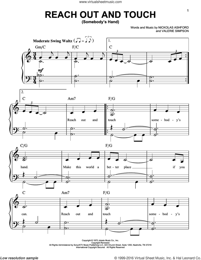 Reach Out And Touch (Somebody's Hand) sheet music for piano solo by Diana Ross, Nickolas Ashford and Valerie Simpson, easy skill level